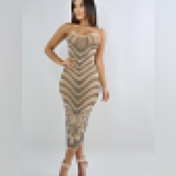 Banjul‎ Rhinestone Waves Body-Con Nude Stretchy midi shear dress Medium - Picture 2 of 16